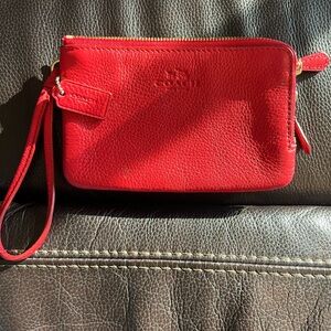 Coach Red Pebbled Leather Wristlet Clutch with Strap